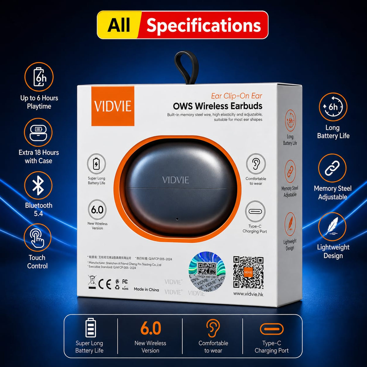 VIDVIE BT896 OWS WIRELESS EAR CLIP EARBUDS.